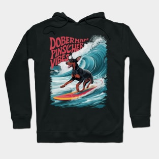 Wave Rider: Doberman Pinscher Dog Surfing in Style Hoodie